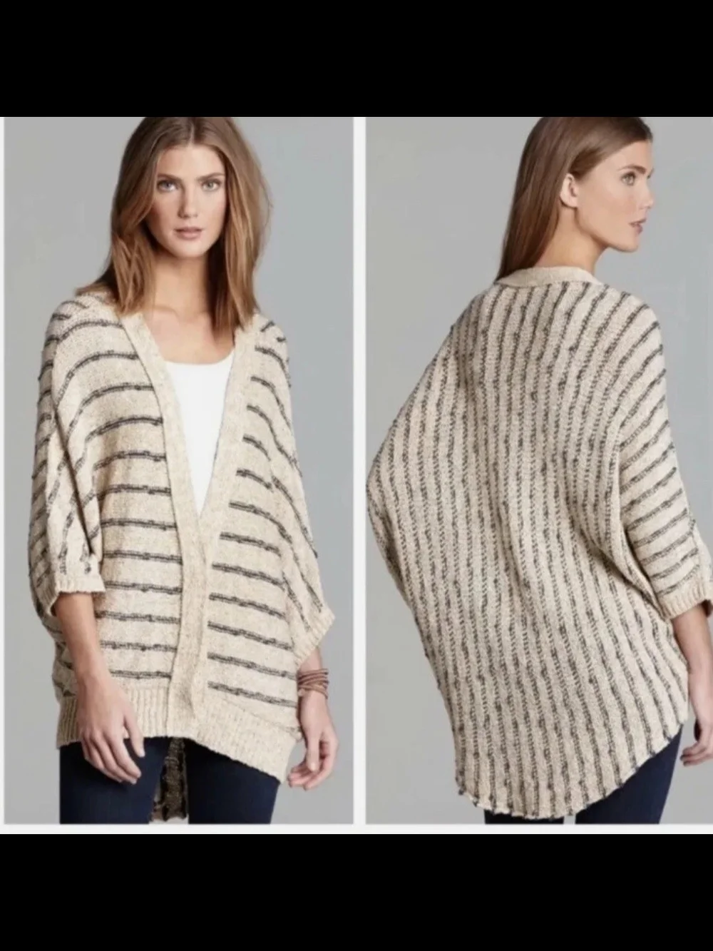 Free People Rabbit In The Moon Beige & Navy Striped Open Cardigan